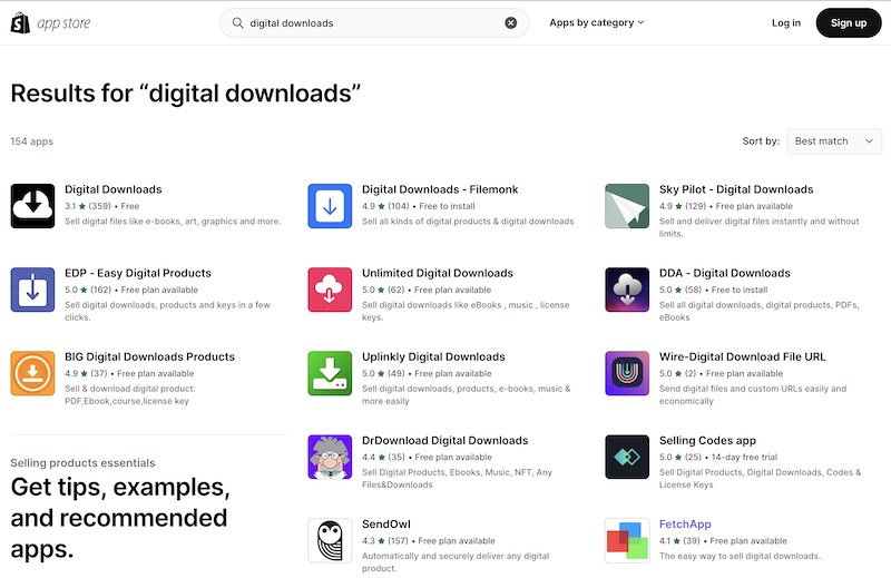 Digital download apps in the Shopify app store - you can't sell an eBook without one