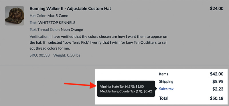 Automatic tax calculations for a US purchase. As you can see, both state and local taxes are catered for.