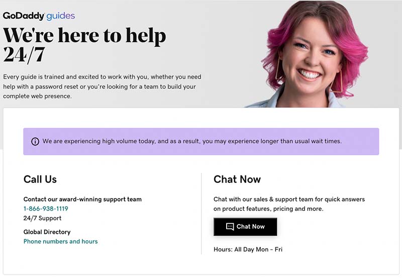 GoDaddy customer support contact page.