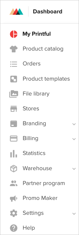 Printful's dashboard main menu.