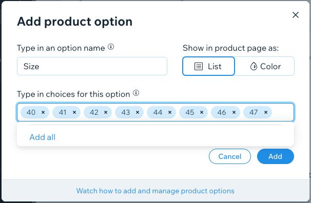Working with product options and variants in Wix.