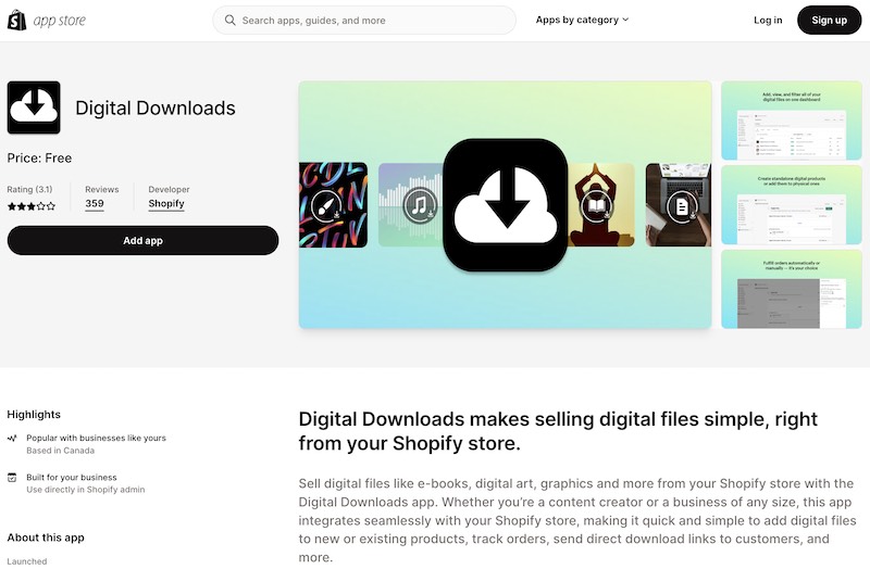 Shopify's 'Digital Downloads' app