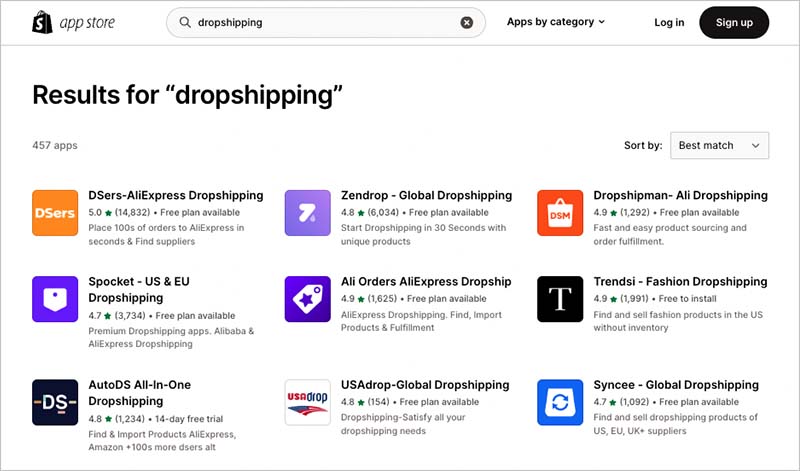 A screenshot of dropshipping apps available in the Shopify app store.