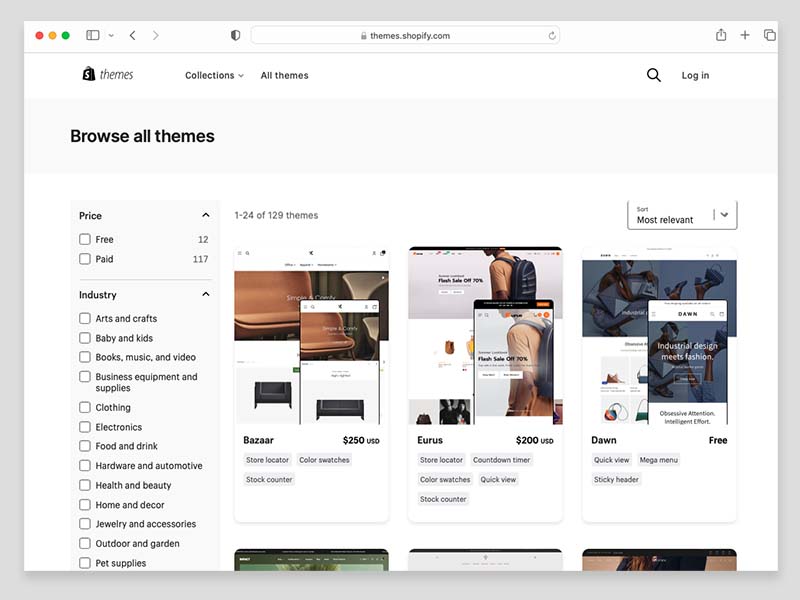 Browsing Shopify templates in the official Shopify theme store