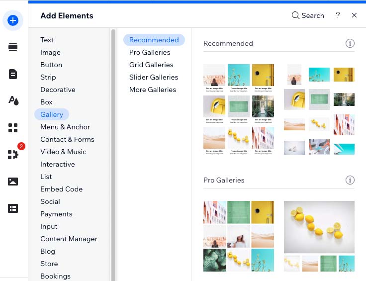 Some of the gallery options available in Wix.
