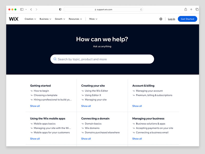 The Wix help center.