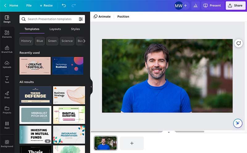 A Canva project with an image of a man against a blurred background.