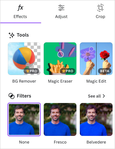 The 'Edit photo' options in Canva