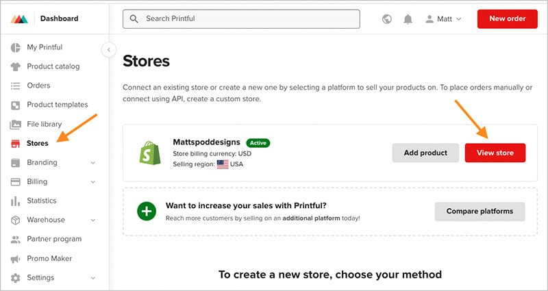 Accessing your Shopify store in the Printful dashboard.