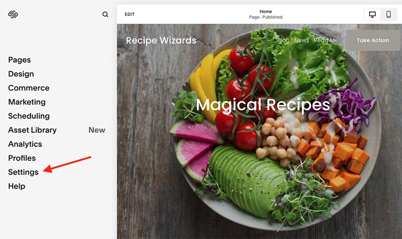 Accessing Squarespace settings.