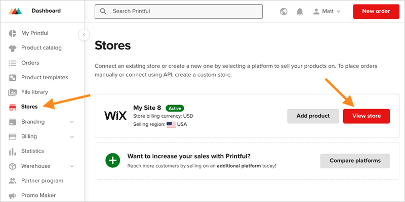 Accessing your Wix store in the Printful dashboard.