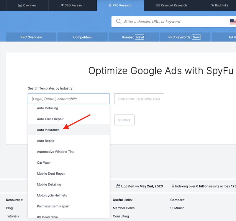 Downloading ad templates in SpyFu