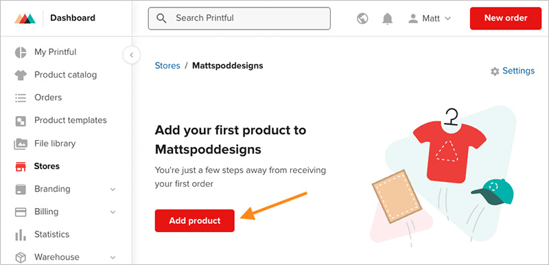 Add product button in Printful dashboard