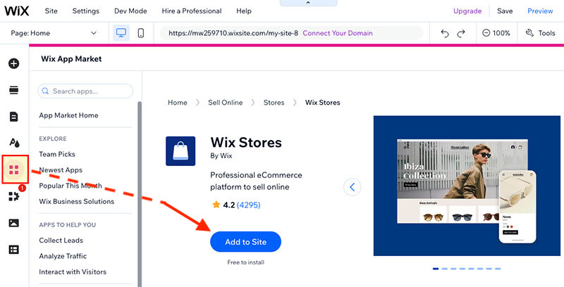 Adding the Wix Stores app to the Wix Editor.