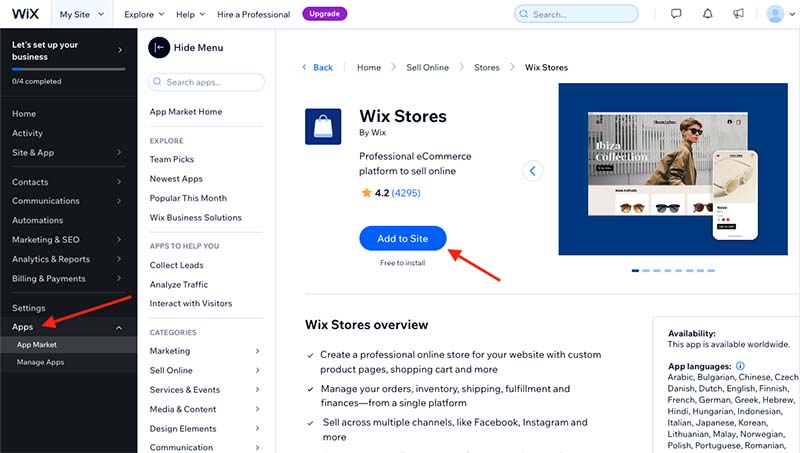 Adding the Wix Stores app.