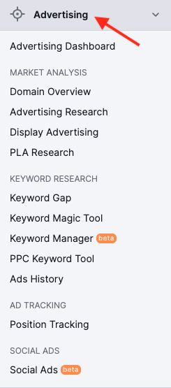 The advertising research menu in Semrush