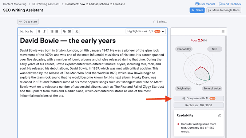 Example of content created using Semrush's 'Compose with AI' feature.