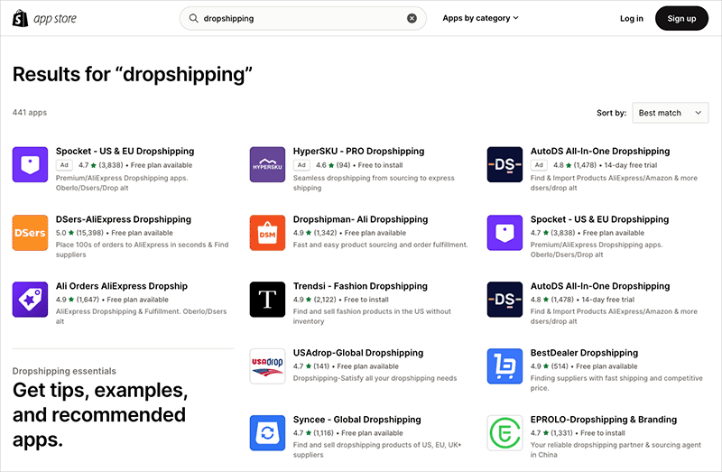 Some of the 440+ dropshipping apps currently available in the Shopify app store