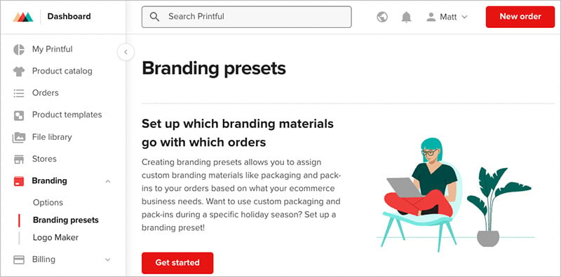 Managing branding with Printful's 'branding presets' controls.