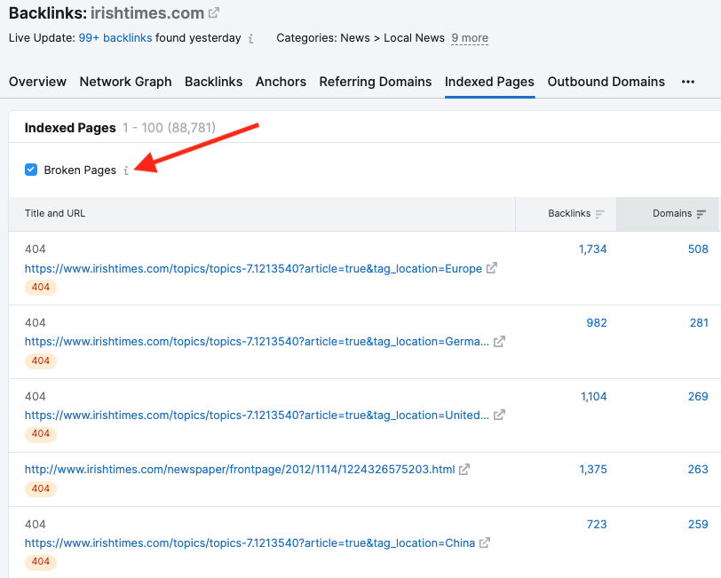 Broken link identification in Semrush