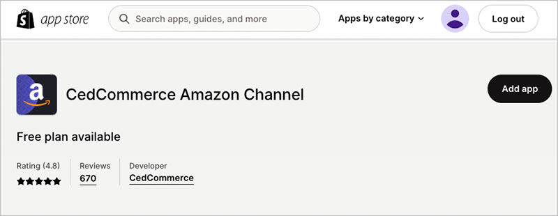 Adding the 'CedCommerce Amazon Channel' app to a Shopify store.