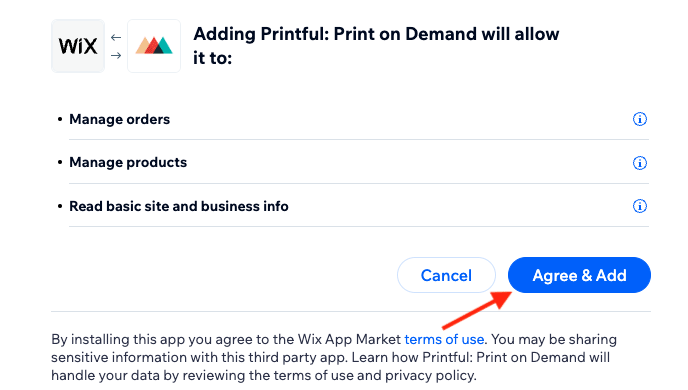 Confirming the connection between your Wix and Printful accounts.