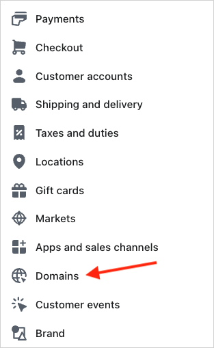 Domain name settings in shopify back end settings menu.