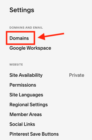 Domains Settings in Squarespace.