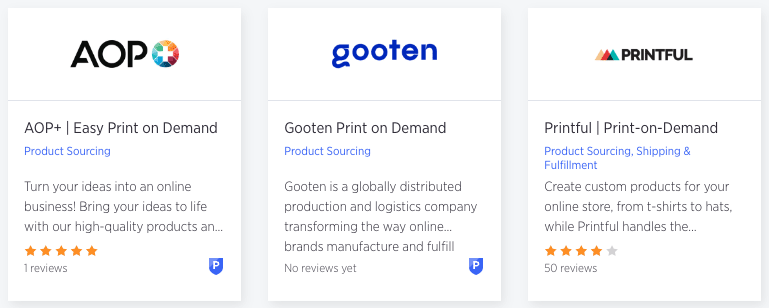 Three of the dropshipping apps available in the BigCommerce app directory: AOP, Gooten and Printful.