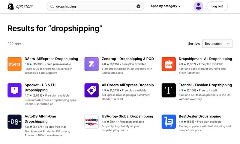 Dropshipping apps in the Shopify app store — at time of writing, 450 are available