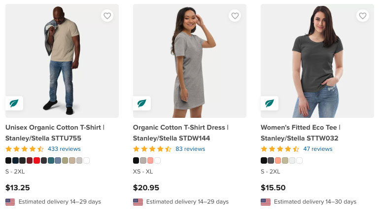A selection of the eco-friendly product range in Printful.