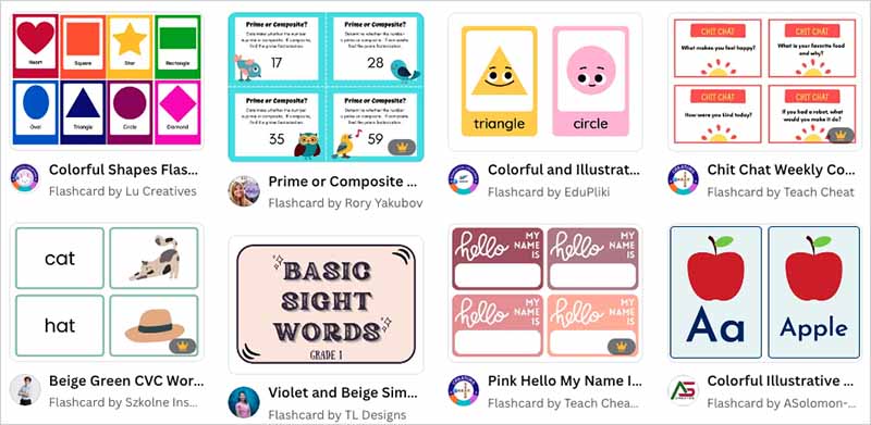 Some of the flashcard templates available in Canva for Education.