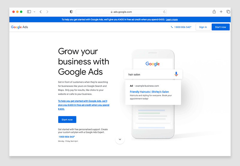 The Google Ads home page.