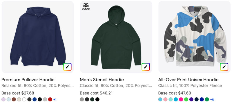 Some hoodie sweatshirts in the Spring product catalog.