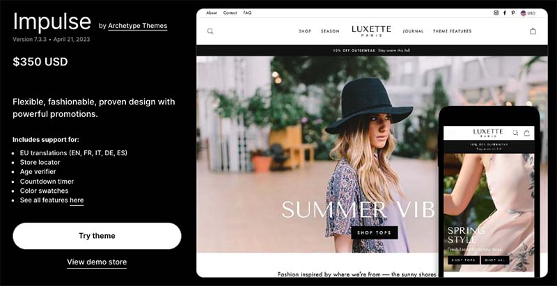 A screenshot of Shopify's most popular paid-for theme, 'Impulse'
