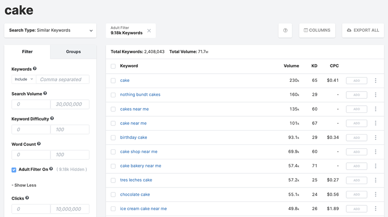 Keyword suggestions in SpyFu