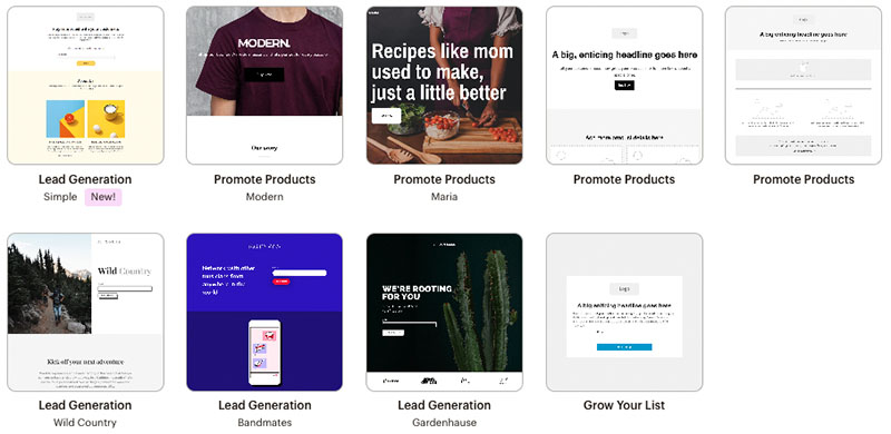 Mailchimp landing page templates.