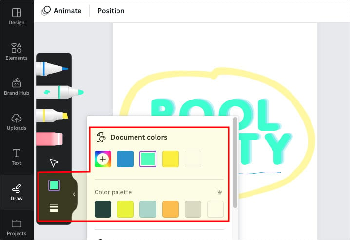 Adjusting colors in the 'Draw' tool.