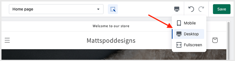 Preview options in the Shopify editor, showing mobile, desktop and fullscreen modes.
