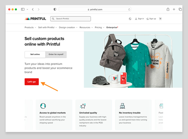 Printful's home page with an arrow pointing to the 'Let's go' button.