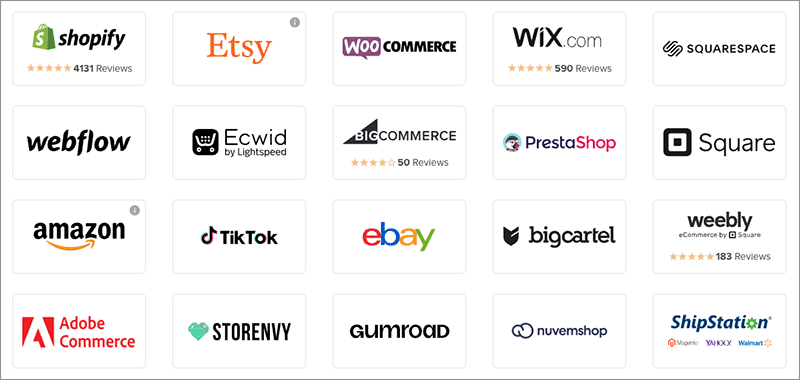 Logos of some of Printful’s ecommerce platform and marketplace integrations.