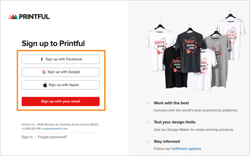 Printful sign up page