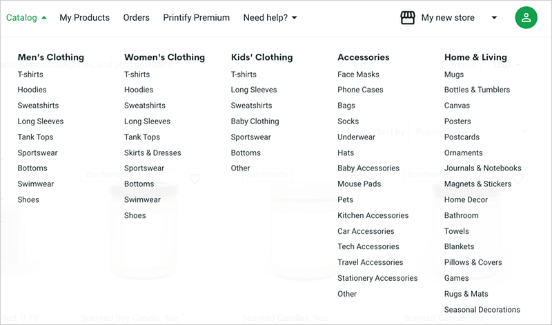 Printify's product categories.