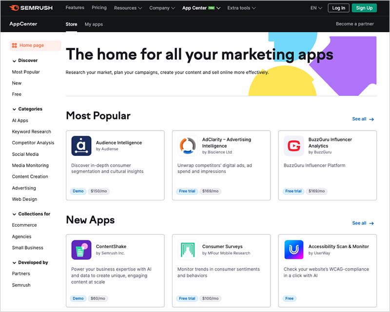 The home page of the Semrrush app center.