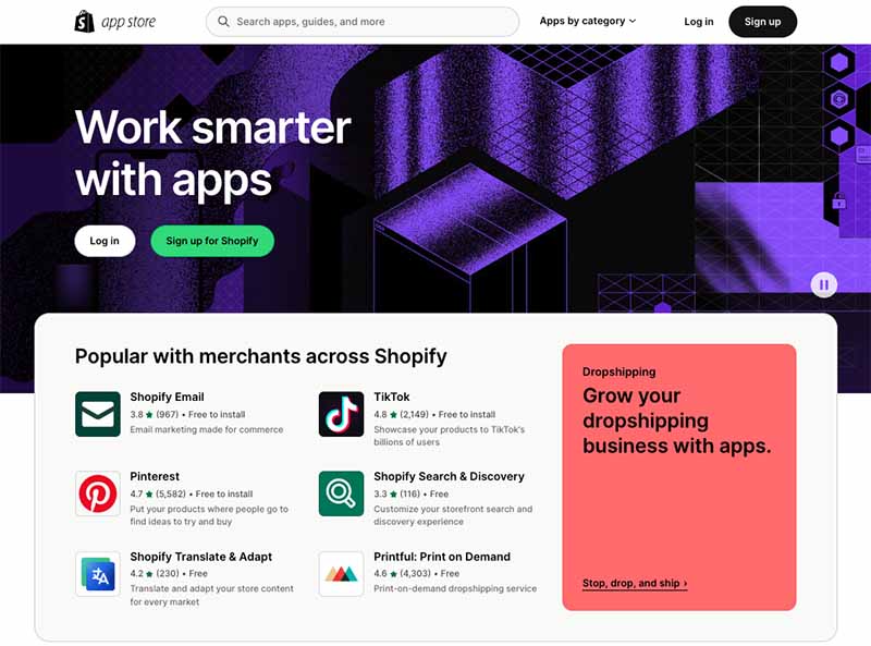 Home page of the Shopify app store.