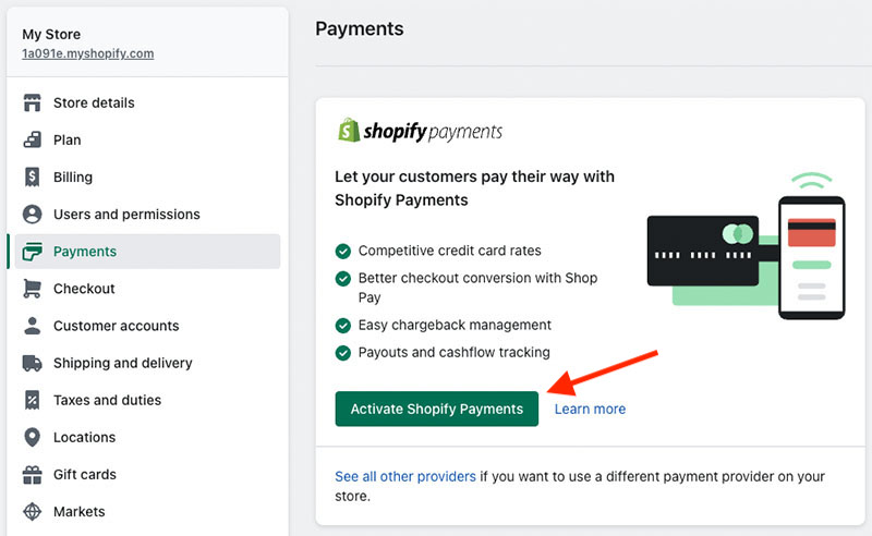 Setting up Shopify Payments.
