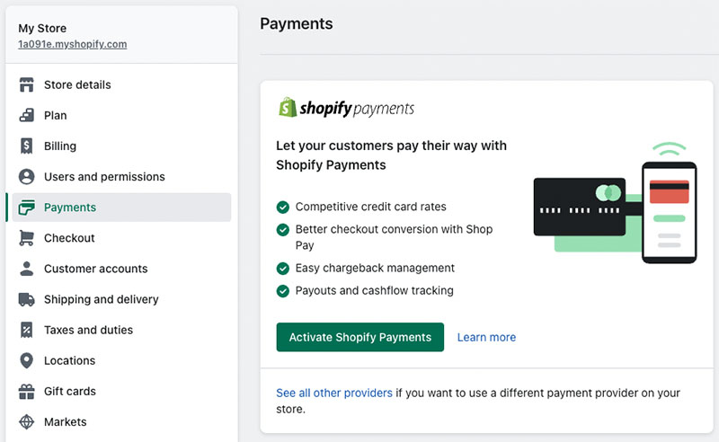 在 Shopify 管理面板中设置 Shopify Payments