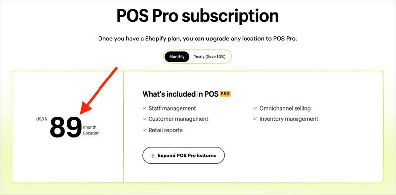 Pricing for Shopify 'POS PRO'.