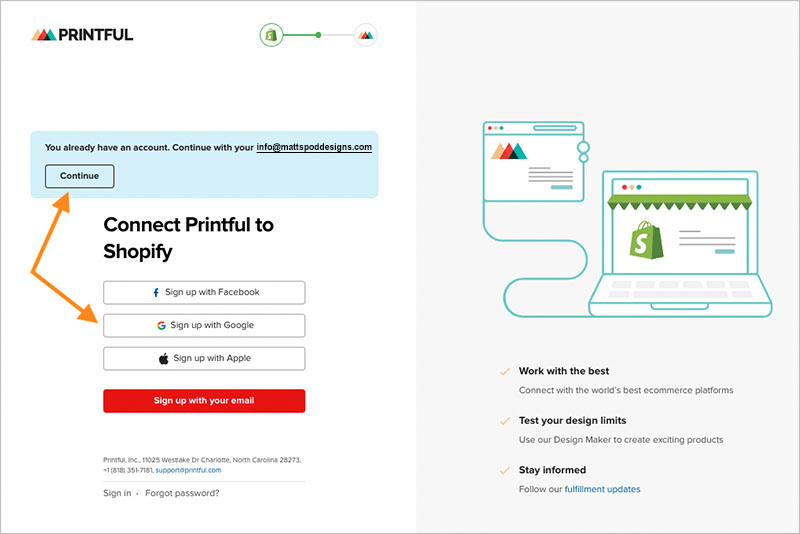 Sign in options in Printful.