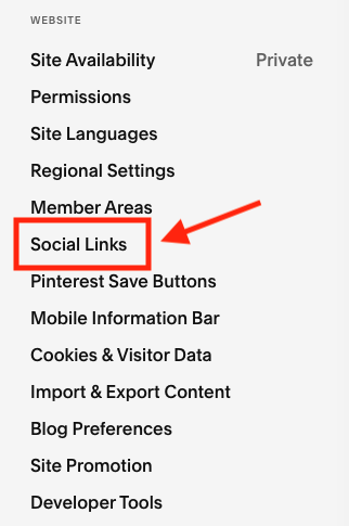 Accessing social links settings in Squarespace.